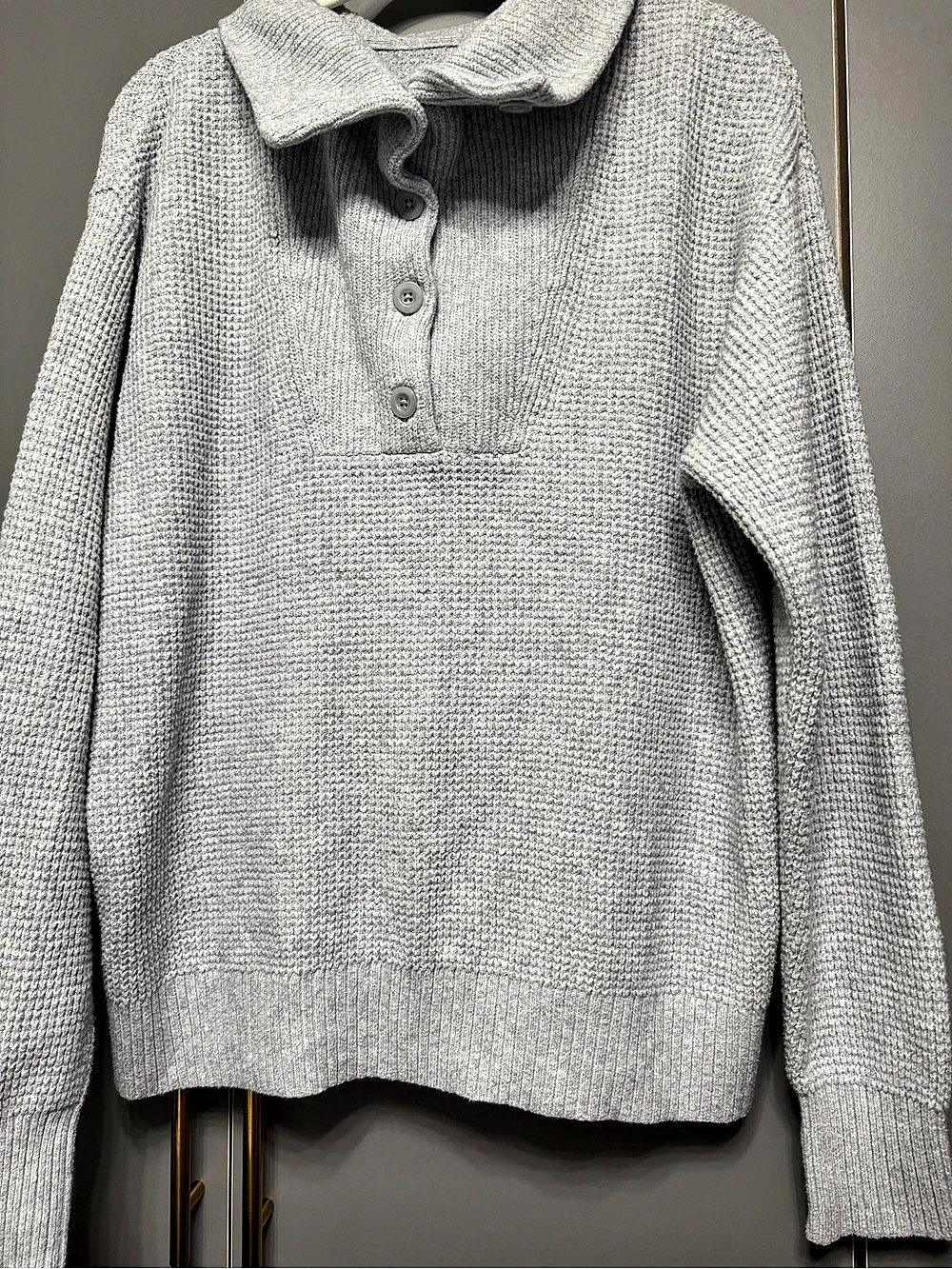 Aerie CozyUp Waffle Button Sweater Gray Size Small